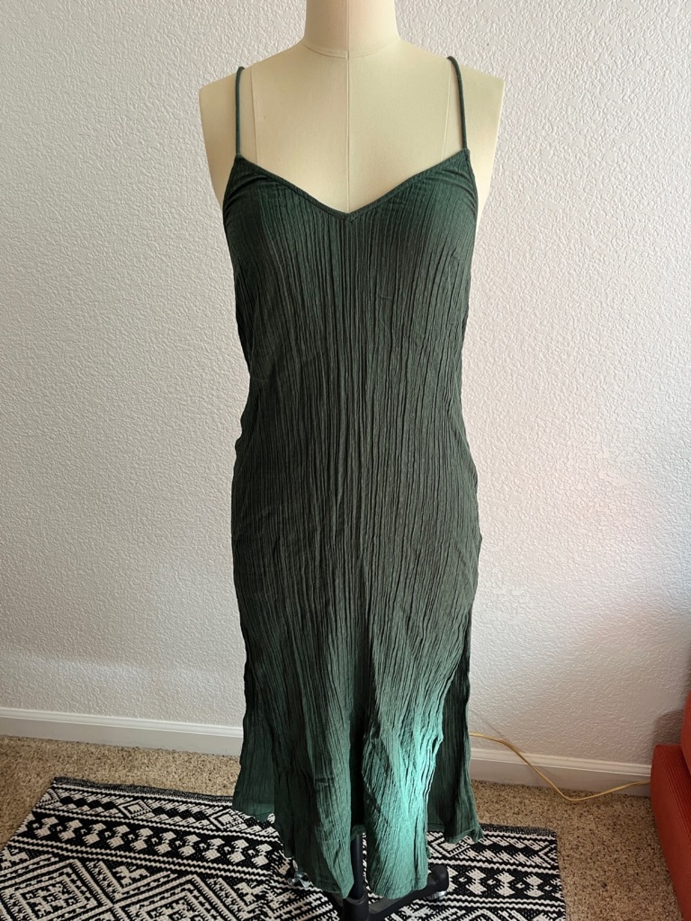 aerie Forest Green Crinkle V-Neck Slip Dress